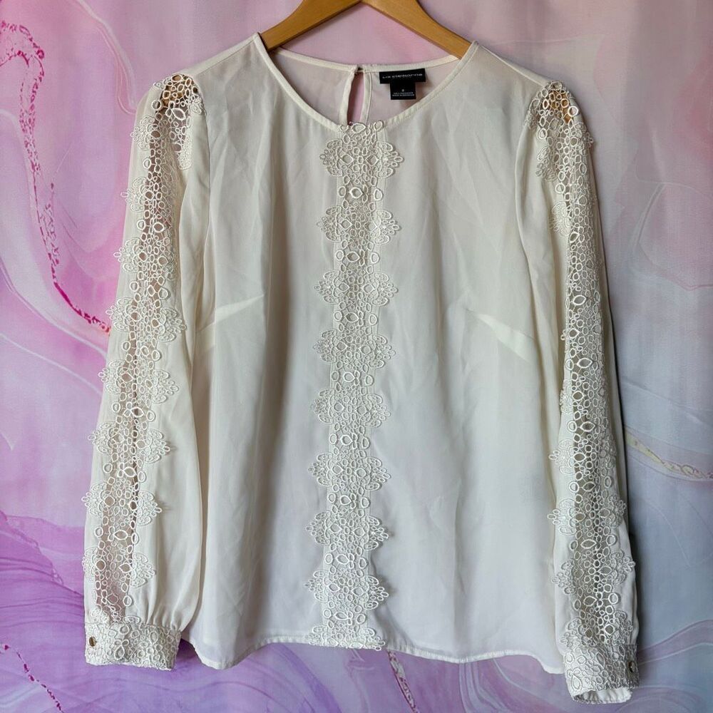 Liz Claiborne S Cream Blouse Lace Artsy Boardwalk Romantic Professional Regency